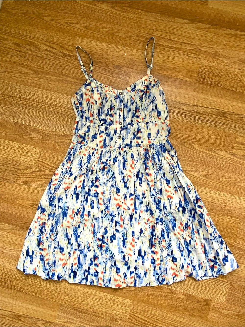 5 for $25! Express White Floral Sun Dress with Blue & Orange Accents